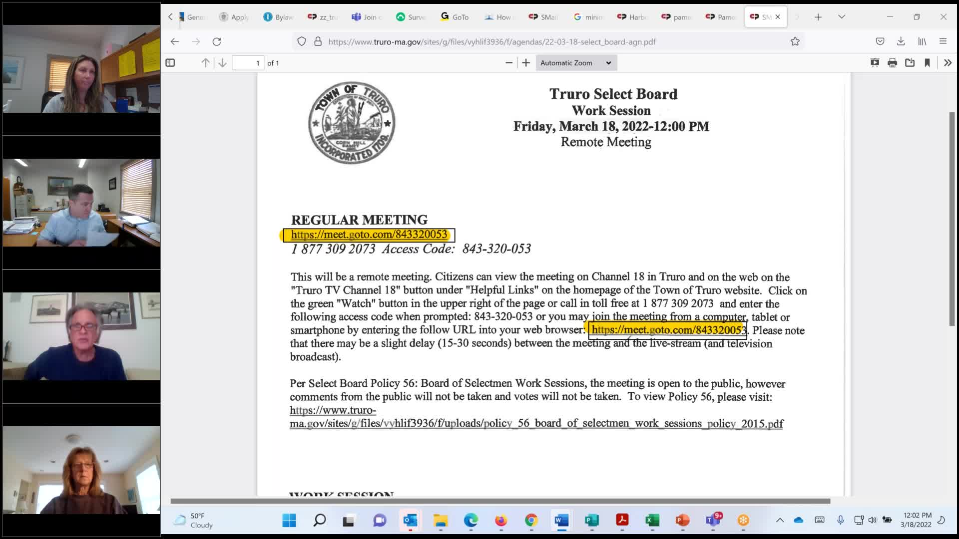 Thumbnail image for Select Board Work Session 3-18-2022